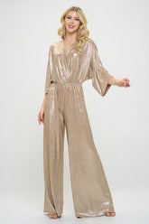 Women Metallic Fabric V Neck Kimono Sleeve Wide Leg Jumpsuit Zarnesh
